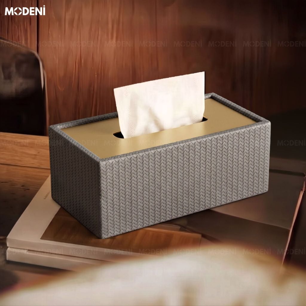 Hộp Khăn Giấy Kito Xám Vải Texture Cao Cấp Nắp Kim Loại – Điểm Nhấn Tinh Tế Cho Không Gian Modern Luxury