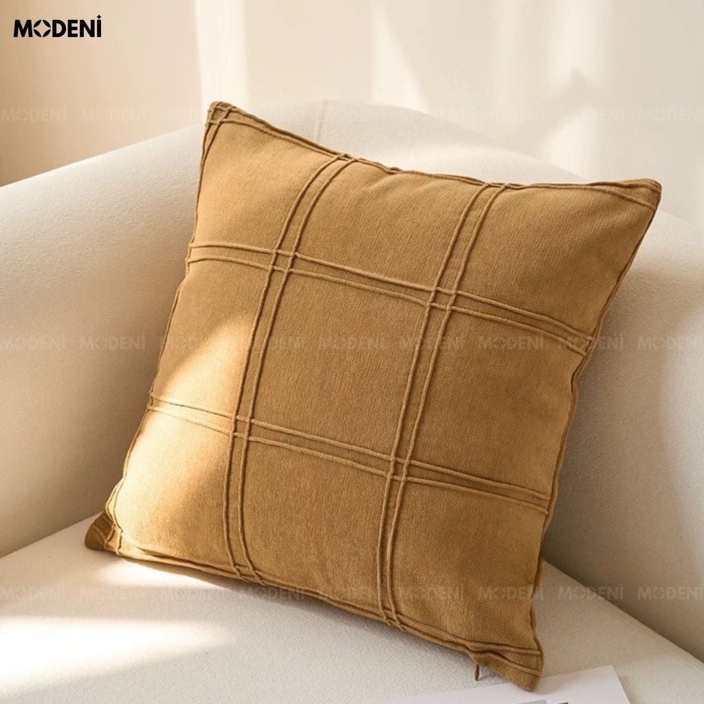 Vỏ Gối Sofa Ocra Vải Nhung Mịn Thẩm Mỹ Bắc Âu Chỉ Trần Kẻ Ô Cách Điệu Cho Phòng Ngủ Ấm Cúng Hiện Đại