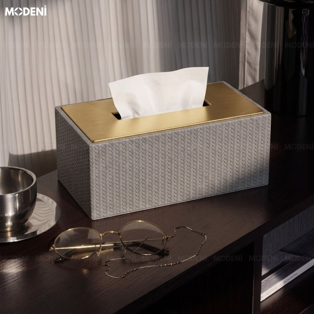 Hộp Khăn Giấy Kito Xám Vải Texture Cao Cấp Nắp Kim Loại – Điểm Nhấn Tinh Tế Cho Không Gian Modern Luxury