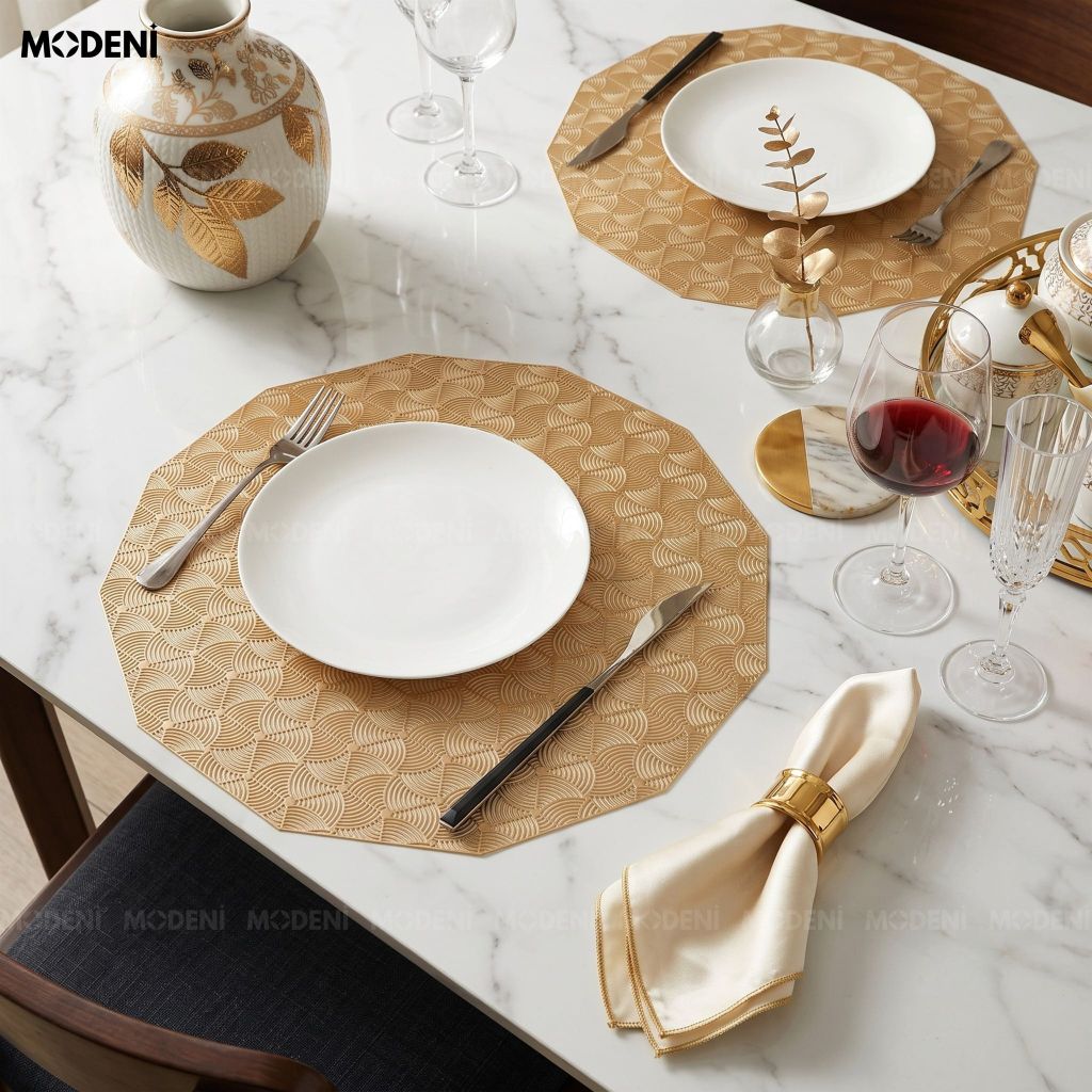 Tấm Lót Bàn Ăn Octavia Placemat PVC Giả Da Cao Cấp Dập Nổi Vân Vảy Cá Vàng Đồng Chống Thấm Cách Nhiệt Cho Bàn Tiệc Hiện Đại
