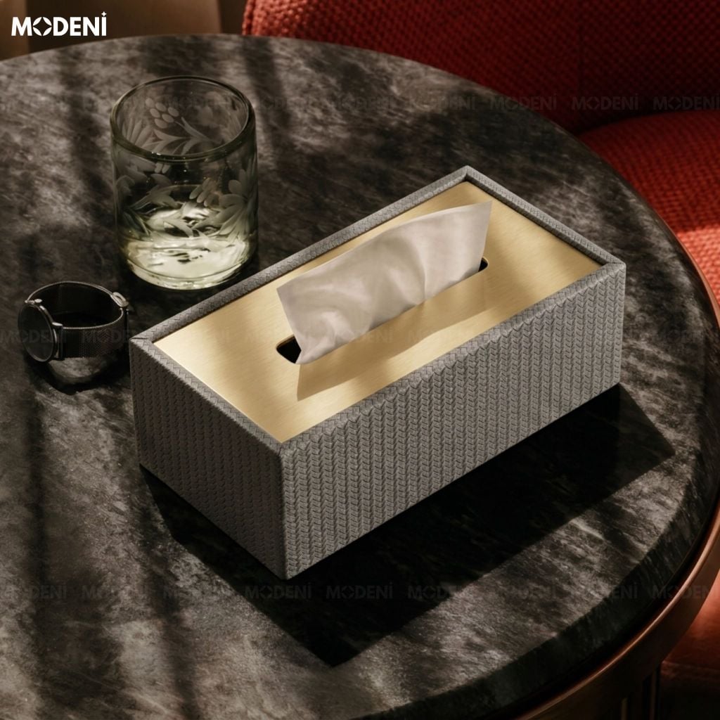 Hộp Khăn Giấy Kito Xám Vải Texture Cao Cấp Nắp Kim Loại – Điểm Nhấn Tinh Tế Cho Không Gian Modern Luxury