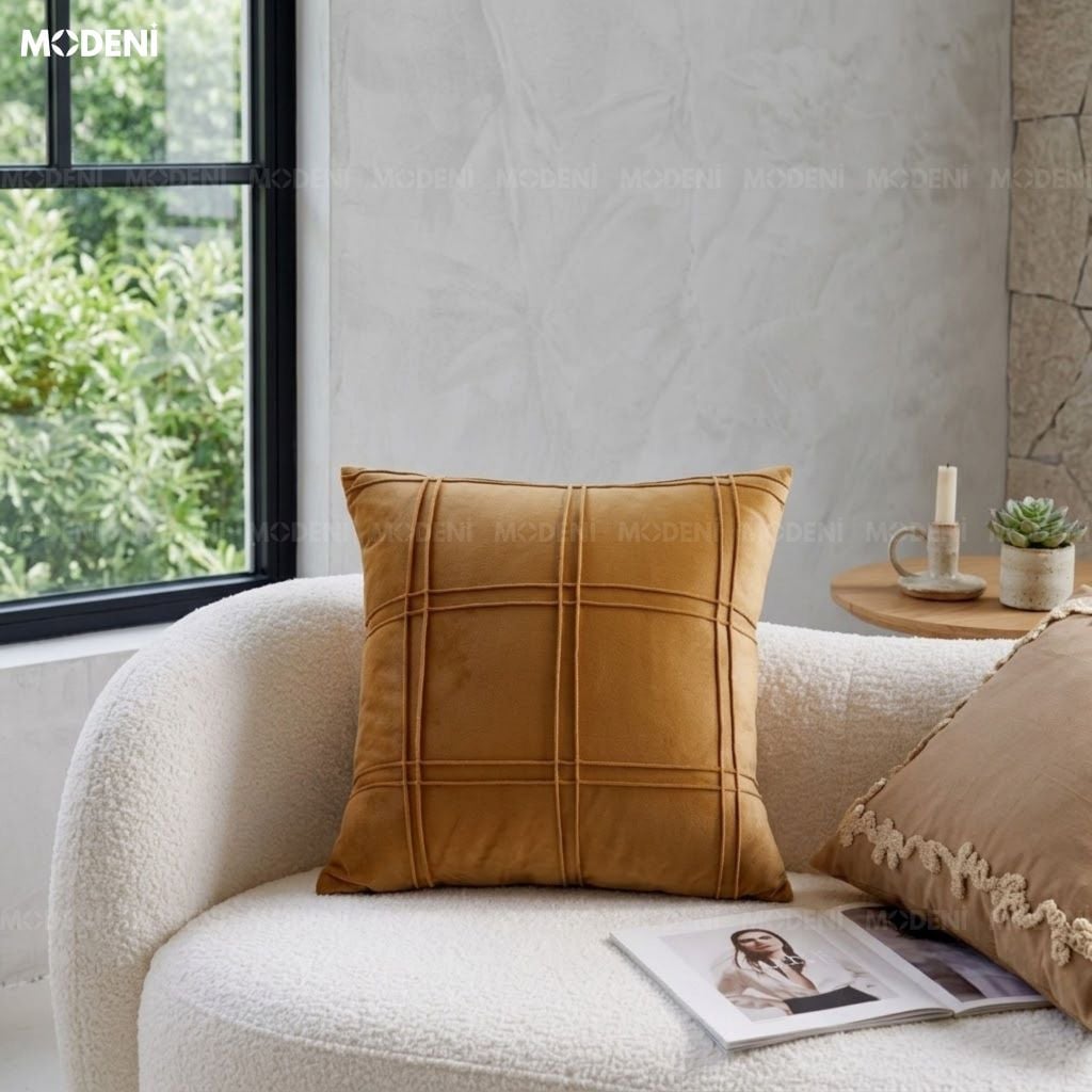 Vỏ Gối Sofa Ocra Vải Nhung Mịn Thẩm Mỹ Bắc Âu Chỉ Trần Kẻ Ô Cách Điệu Cho Phòng Ngủ Ấm Cúng Hiện Đại