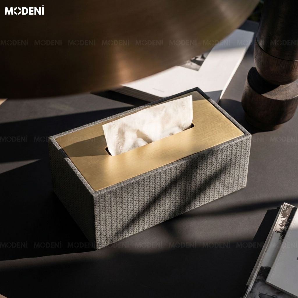 Hộp Khăn Giấy Kito Xám Vải Texture Cao Cấp Nắp Kim Loại – Điểm Nhấn Tinh Tế Cho Không Gian Modern Luxury