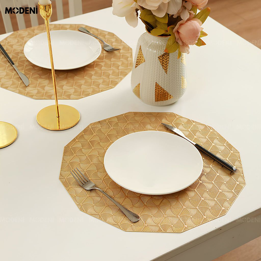 Tấm Lót Bàn Ăn Octavia Placemat PVC Giả Da Cao Cấp Dập Nổi Vân Vảy Cá Vàng Đồng Chống Thấm Cách Nhiệt Cho Bàn Tiệc Hiện Đại