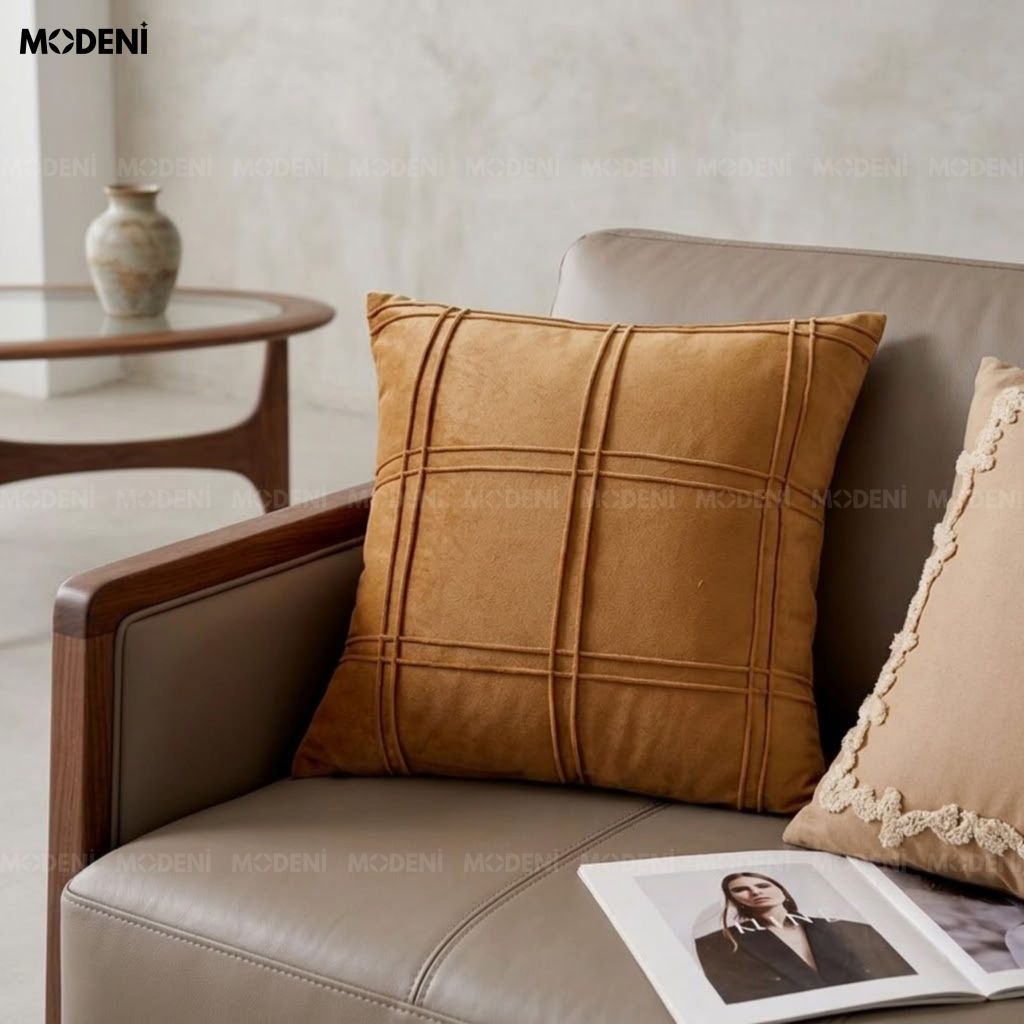 Vỏ Gối Sofa Ocra Vải Nhung Mịn Thẩm Mỹ Bắc Âu Chỉ Trần Kẻ Ô Cách Điệu Cho Phòng Ngủ Ấm Cúng Hiện Đại