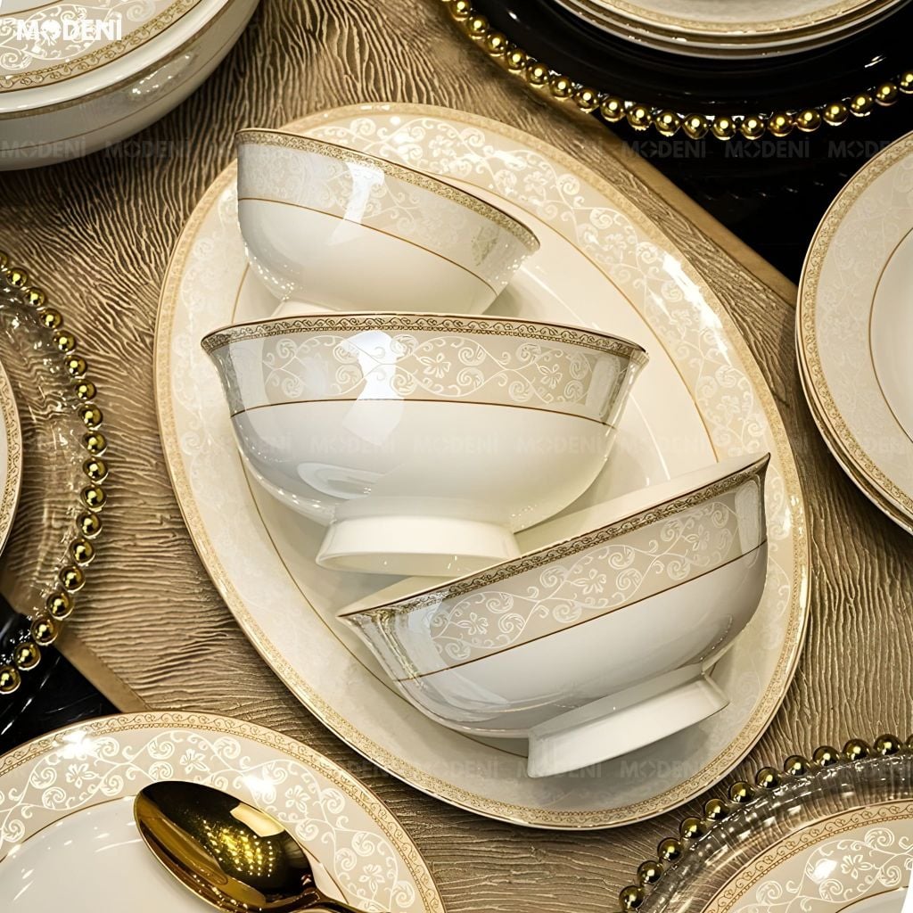 Bộ Chén Đĩa Sứ Xương Elara Cao Cấp – Viền Vàng Ngọc Trai Tinh Xảo, Mang Đậm Khí Chất Hoàng Gia Cho Bàn Tiệc Sang Trọng