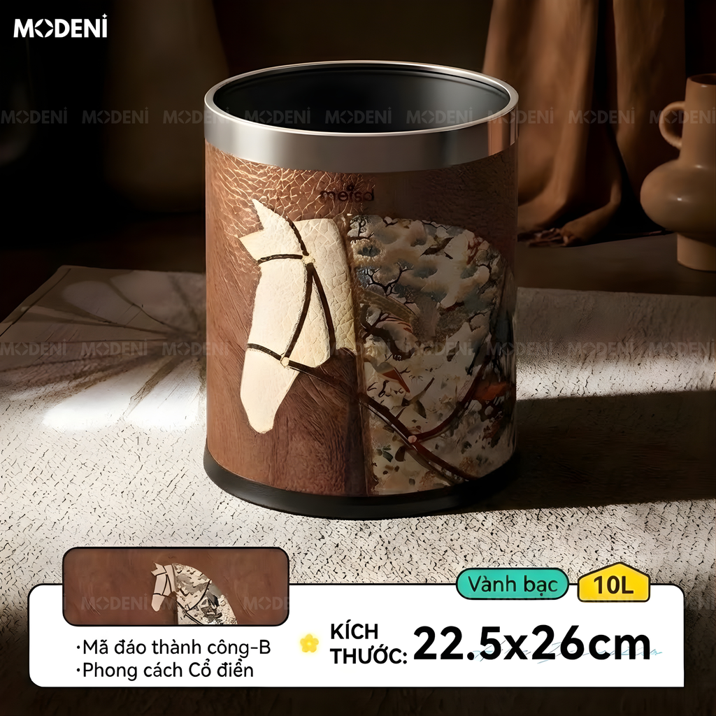 Thùng Rác Monolith Nâu Da Cao Cấp Viền Kim Loại Ánh Bạc Nghệ Thuật Cho Không Gian Sinh Hoạt Sang Trọng