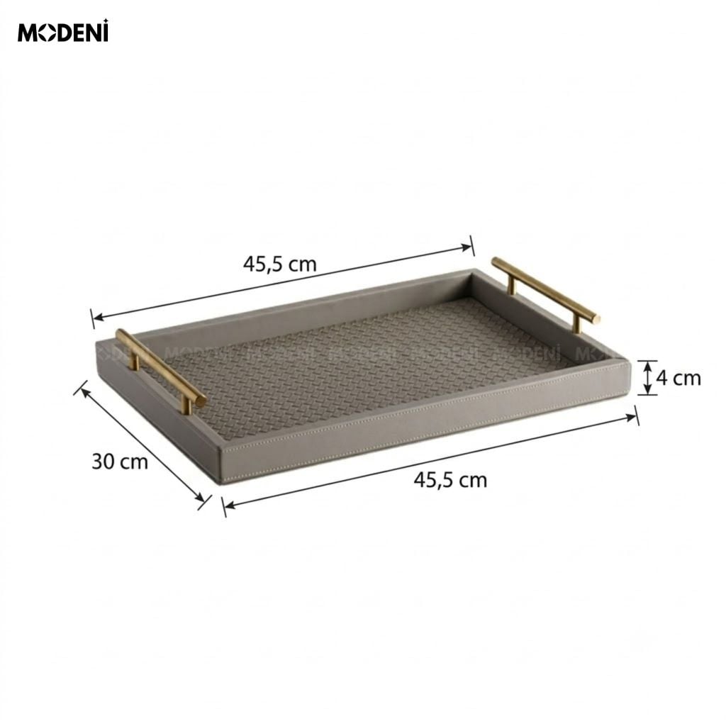Khay Trang Trí Maroni Xám Bọc Da PU Cao Cấp Tay Cầm Mạ Vàng Sang Trọng Cho Bàn Sofa