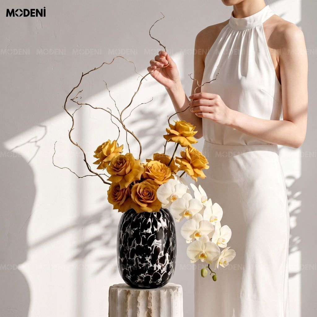 Bình Hoa Magma Thủy Tinh Vân Đá Marble Đen Khói Phong Cách Nghệ Thuật Bắc Âu