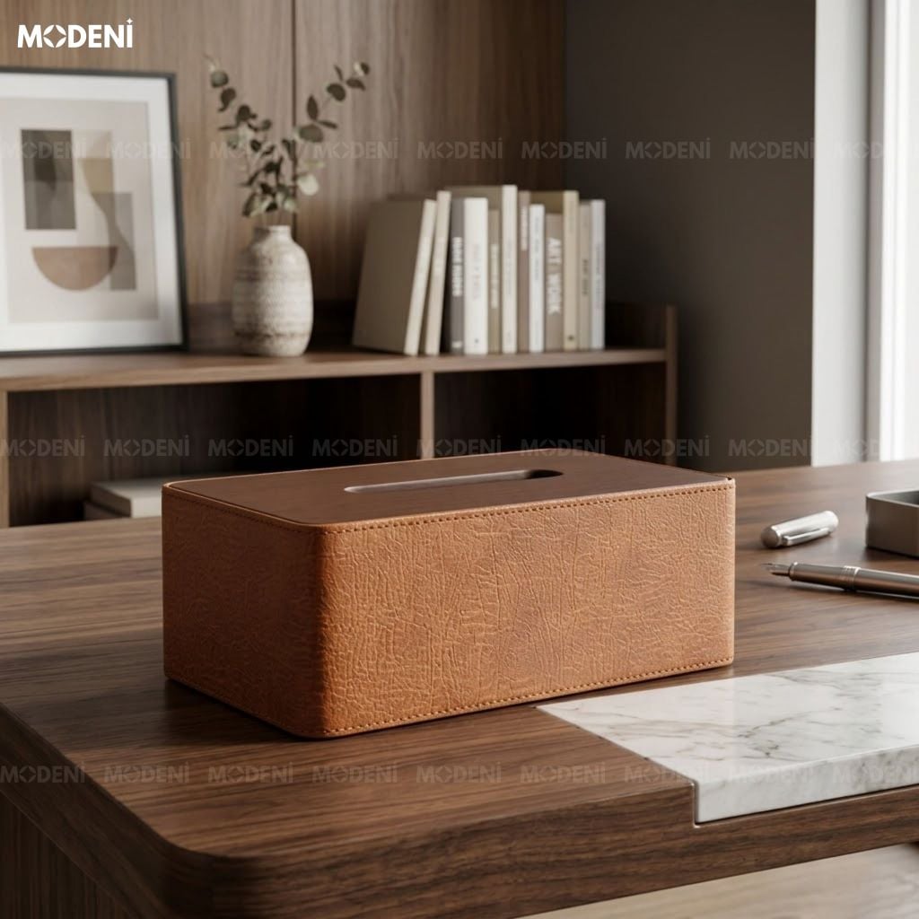Hộp Khăn Giấy Valiso Da Phối Quai Nâu Dáng Rương Cổ Điển Màu Trắng Giữ Form Cứng Cáp Cho Bàn Trà Phòng Khách
