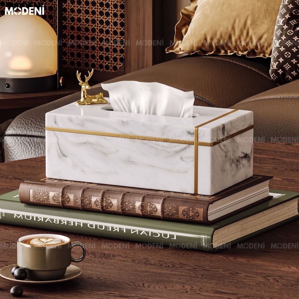 Hộp Khăn Giấy Stone Composite Vân Đá Cao Cấp Viền Mạ Vàng Phong Cách Modern Luxury Sang Trọng Cho Mọi Không Gian
