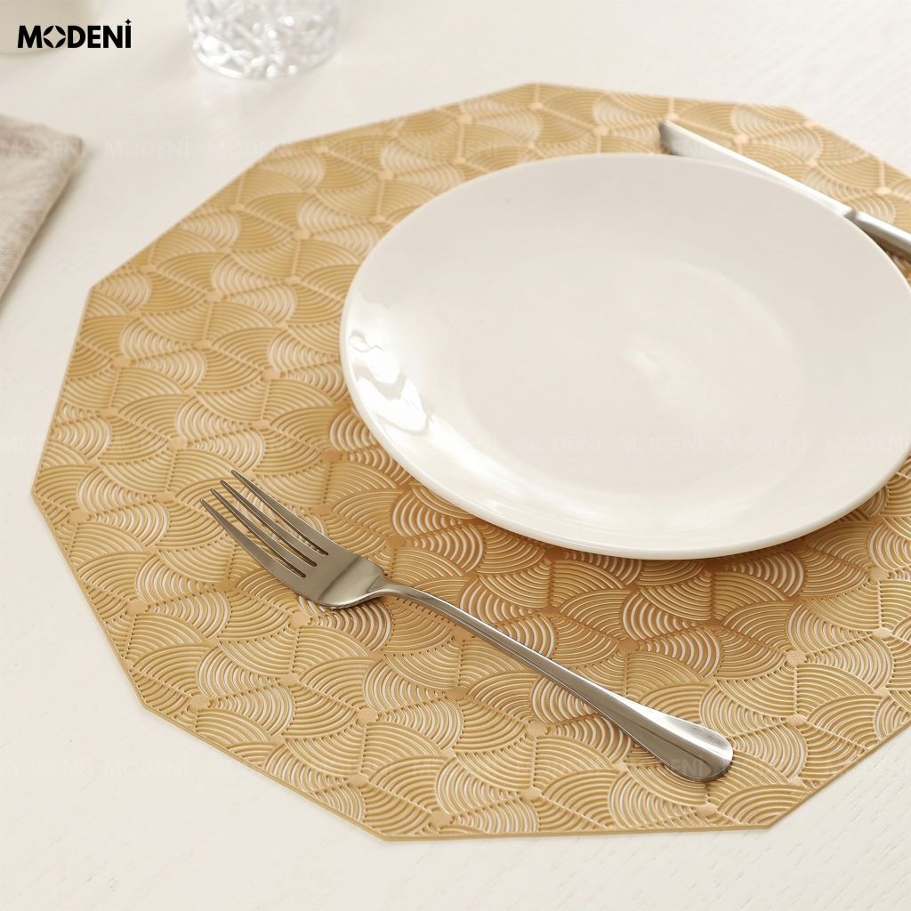 Tấm Lót Bàn Ăn Octavia Placemat PVC Giả Da Cao Cấp Dập Nổi Vân Vảy Cá Vàng Đồng Chống Thấm Cách Nhiệt Cho Bàn Tiệc Hiện Đại