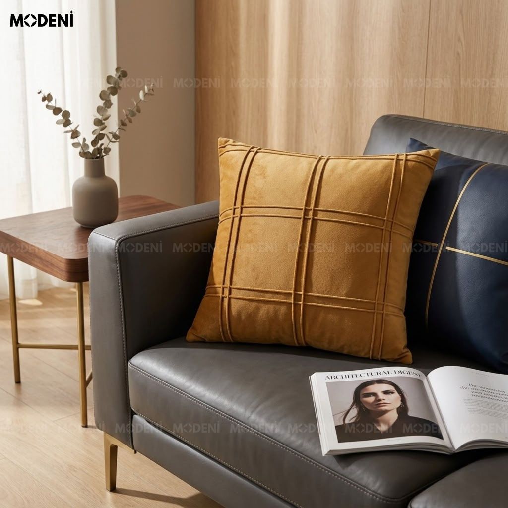 Vỏ Gối Sofa Ocra Vải Nhung Mịn Thẩm Mỹ Bắc Âu Chỉ Trần Kẻ Ô Cách Điệu Cho Phòng Ngủ Ấm Cúng Hiện Đại