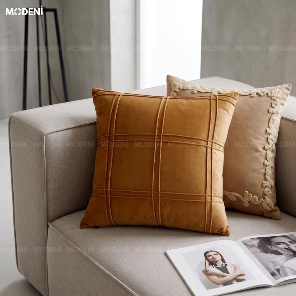 Vỏ Gối Sofa Ocra Vải Nhung Mịn Thẩm Mỹ Bắc Âu Chỉ Trần Kẻ Ô Cách Điệu Cho Phòng Ngủ Ấm Cúng Hiện Đại