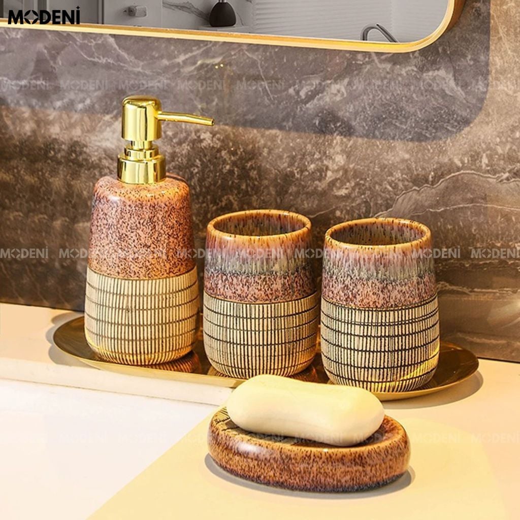 Set Đồ Dùng Nhà Tắm Caelia Gốm Sứ Cao Cấp Họa Tiết Vân Đá Và Tre Đường Nét Tinh Gọn, Nâng Cấp Không Gian Tắm Thành Góc Thư Giãn Sang Trọng