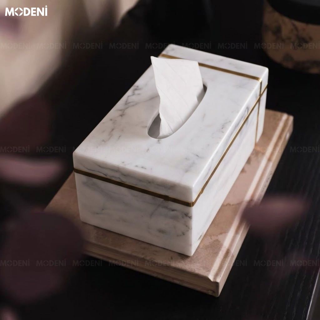 Hộp Khăn Giấy Stone Composite Vân Đá Cao Cấp Viền Mạ Vàng Phong Cách Modern Luxury Sang Trọng Cho Mọi Không Gian