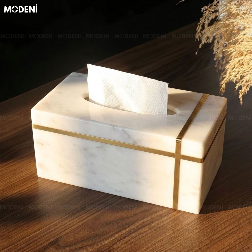 Hộp Khăn Giấy Stone Composite Vân Đá Cao Cấp Viền Mạ Vàng Phong Cách Modern Luxury Sang Trọng Cho Mọi Không Gian
