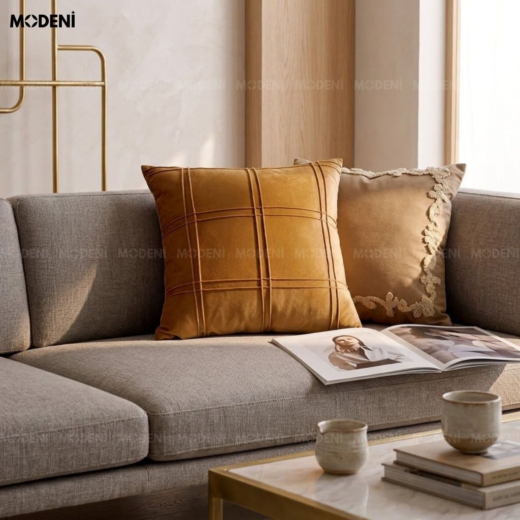 Vỏ Gối Sofa Ocra Vải Nhung Mịn Thẩm Mỹ Bắc Âu Chỉ Trần Kẻ Ô Cách Điệu Cho Phòng Ngủ Ấm Cúng Hiện Đại