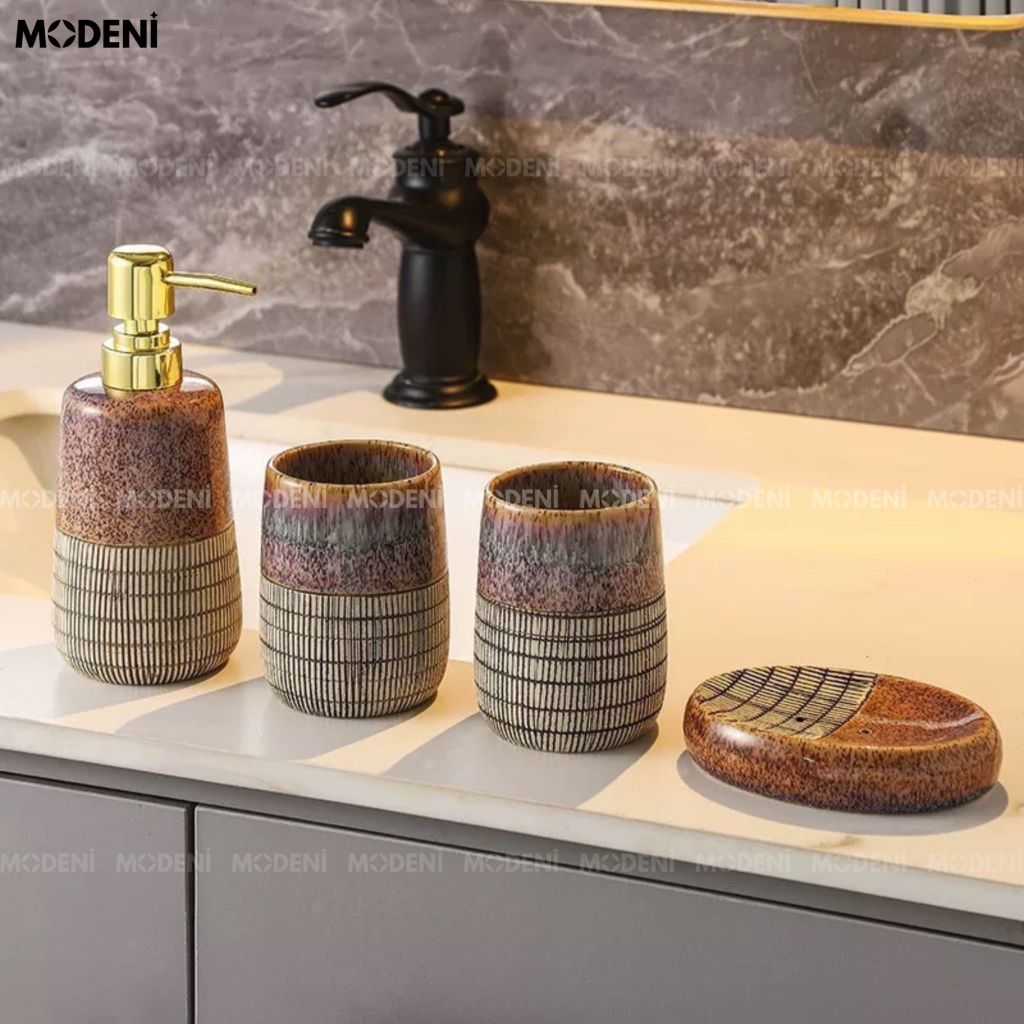 Set Đồ Dùng Nhà Tắm Caelia Gốm Sứ Cao Cấp Họa Tiết Vân Đá Và Tre Đường Nét Tinh Gọn, Nâng Cấp Không Gian Tắm Thành Góc Thư Giãn Sang Trọng