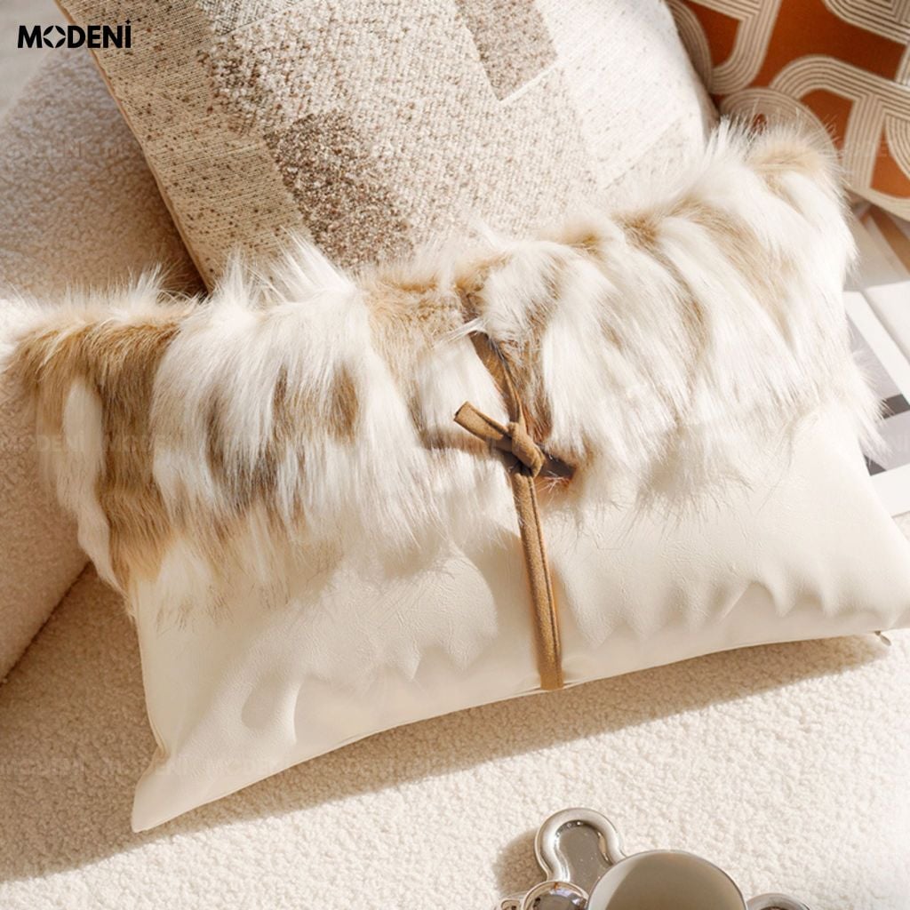 Vỏ Gối Sofa Fursy Da PU Phối Lông Nhân Tạo Phong Cách Bắc Âu Thiết Kế Thắt Nơ Da Điệu Đà Cho Phòng Khách Ấm Áp