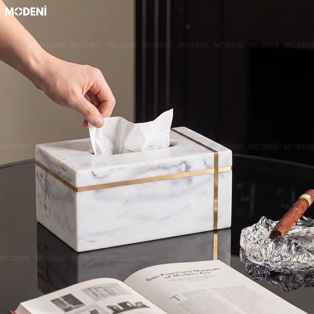 Hộp Khăn Giấy Stone Composite Vân Đá Cao Cấp Viền Mạ Vàng Phong Cách Modern Luxury Sang Trọng Cho Mọi Không Gian