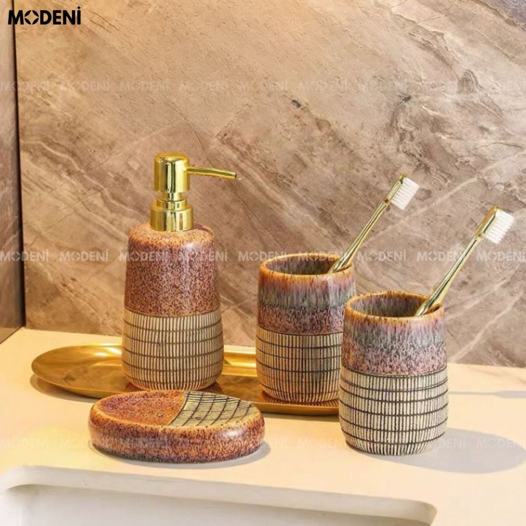 Set Đồ Dùng Nhà Tắm Caelia Gốm Sứ Cao Cấp Họa Tiết Vân Đá Và Tre Đường Nét Tinh Gọn, Nâng Cấp Không Gian Tắm Thành Góc Thư Giãn Sang Trọng