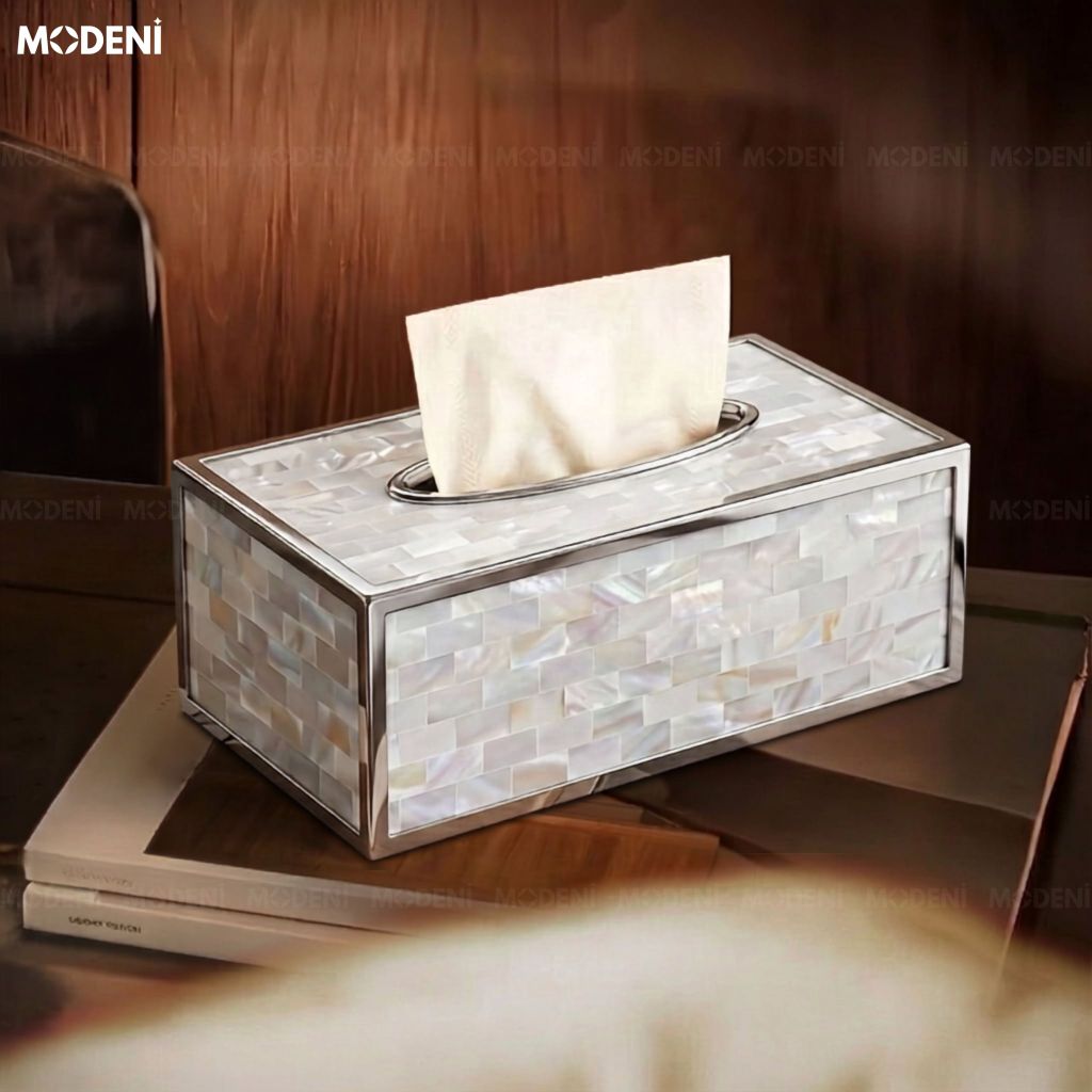 Hộp Khăn Giấy Stonegate Ốp Xà Cừ Ánh Ngọc Trai Viền Kim Loại Bạc Phong Cách Hiện Đại Sang Trọng Cho Phòng Khách Và Bàn Ăn
