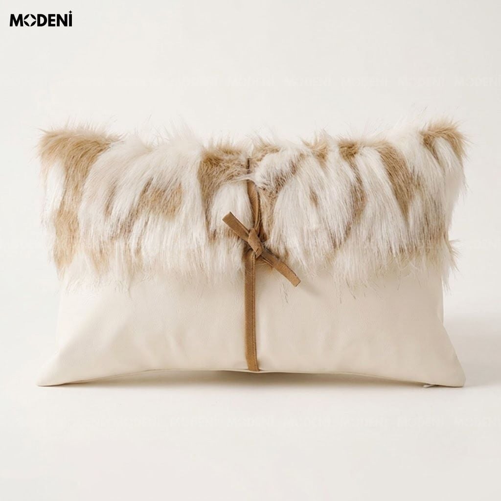 Vỏ Gối Sofa Fursy Da PU Phối Lông Nhân Tạo Phong Cách Bắc Âu Thiết Kế Thắt Nơ Da Điệu Đà Cho Phòng Khách Ấm Áp