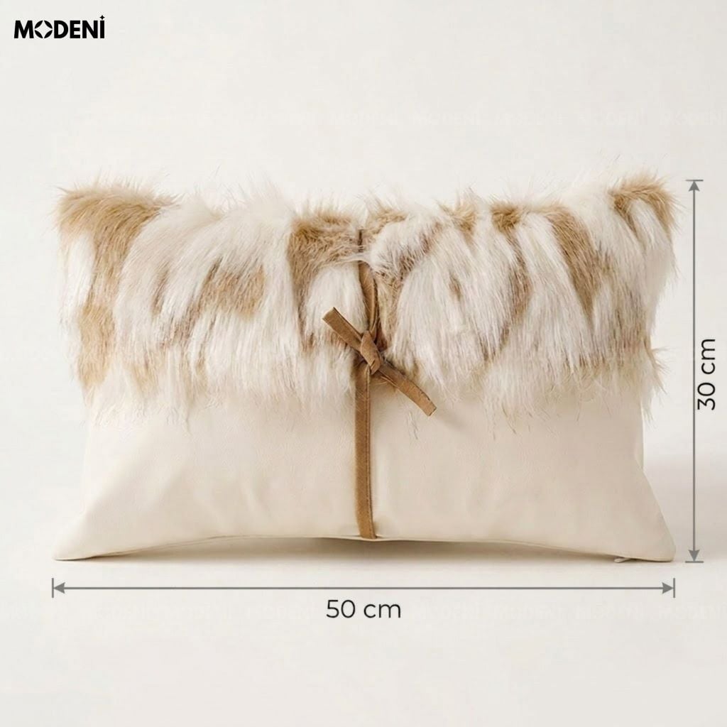 Vỏ Gối Sofa Fursy Da PU Phối Lông Nhân Tạo Phong Cách Bắc Âu Thiết Kế Thắt Nơ Da Điệu Đà Cho Phòng Khách Ấm Áp