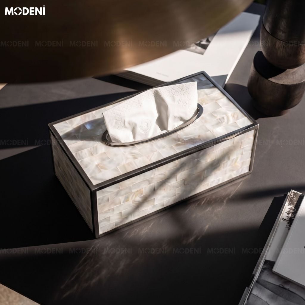 Hộp Khăn Giấy Stonegate Ốp Xà Cừ Ánh Ngọc Trai Viền Kim Loại Bạc Phong Cách Hiện Đại Sang Trọng Cho Phòng Khách Và Bàn Ăn