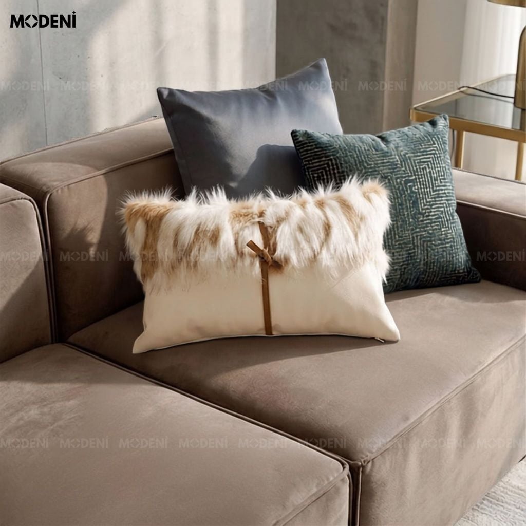 Vỏ Gối Sofa Fursy Da PU Phối Lông Nhân Tạo Phong Cách Bắc Âu Thiết Kế Thắt Nơ Da Điệu Đà Cho Phòng Khách Ấm Áp
