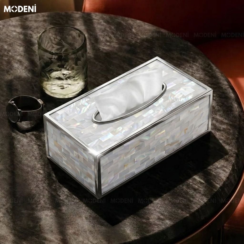 Hộp Khăn Giấy Stonegate Ốp Xà Cừ Ánh Ngọc Trai Viền Kim Loại Bạc Phong Cách Hiện Đại Sang Trọng Cho Phòng Khách Và Bàn Ăn