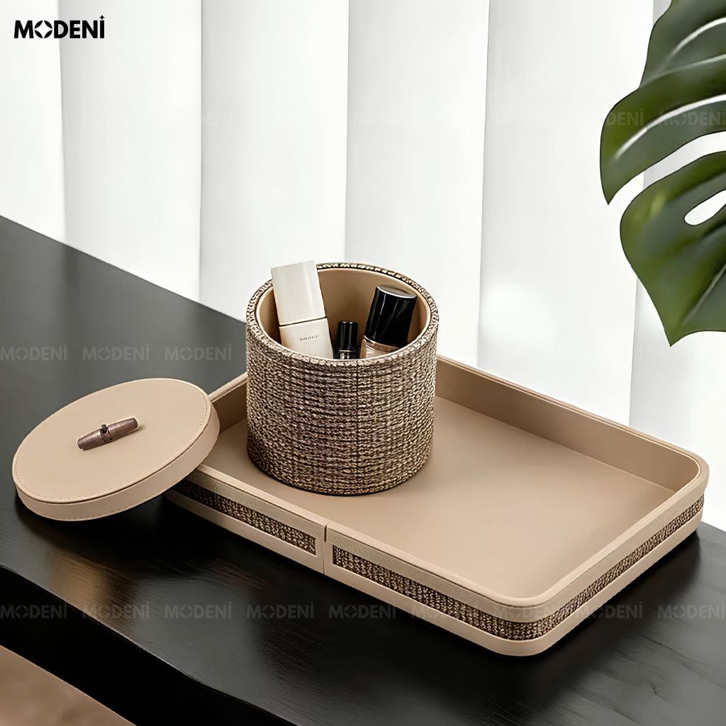 Hộp Đựng Mỹ Phẩm Liora Da PU Be Phối Vải Dệt Phong Cách Japandi Mộc Mạc Nắp Đậy Khuy Gỗ Chống Bụi Cho Bàn Trang Điểm