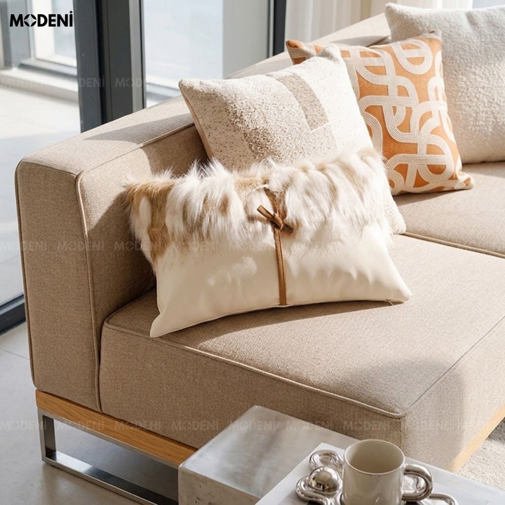 Vỏ Gối Sofa Fursy Da PU Phối Lông Nhân Tạo Phong Cách Bắc Âu Thiết Kế Thắt Nơ Da Điệu Đà Cho Phòng Khách Ấm Áp