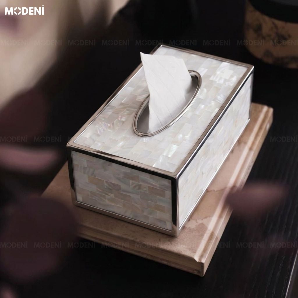 Hộp Khăn Giấy Stonegate Ốp Xà Cừ Ánh Ngọc Trai Viền Kim Loại Bạc Phong Cách Hiện Đại Sang Trọng Cho Phòng Khách Và Bàn Ăn