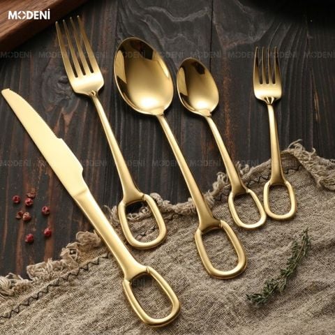 Khăn linen bộ dao muỗng nĩa Anillo Gold inox 304 thiết kế tay cầm rỗng mạ vàng sáng bóng sang trọng