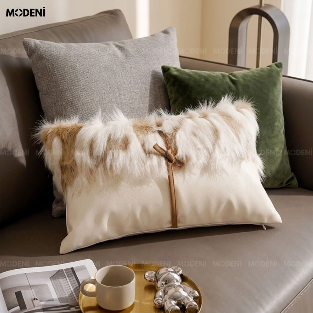 Vỏ Gối Sofa Fursy Da PU Phối Lông Nhân Tạo Phong Cách Bắc Âu Thiết Kế Thắt Nơ Da Điệu Đà Cho Phòng Khách Ấm Áp