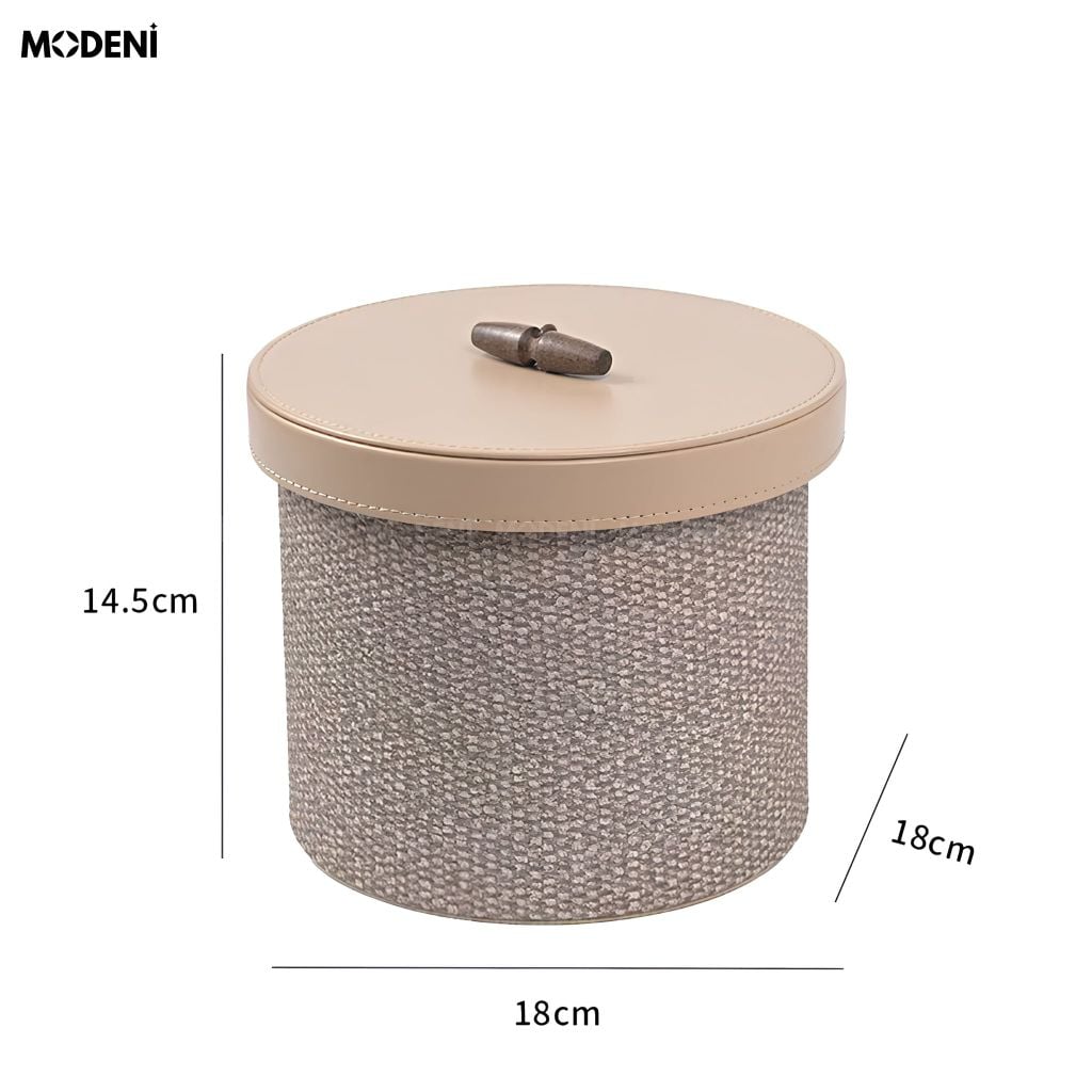 Hộp Đựng Mỹ Phẩm Liora Da PU Be Phối Vải Dệt Phong Cách Japandi Mộc Mạc Nắp Đậy Khuy Gỗ Chống Bụi Cho Bàn Trang Điểm
