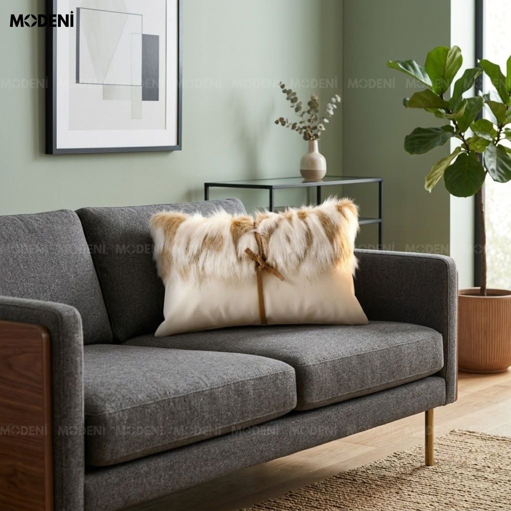 Vỏ Gối Sofa Fursy Da PU Phối Lông Nhân Tạo Phong Cách Bắc Âu Thiết Kế Thắt Nơ Da Điệu Đà Cho Phòng Khách Ấm Áp