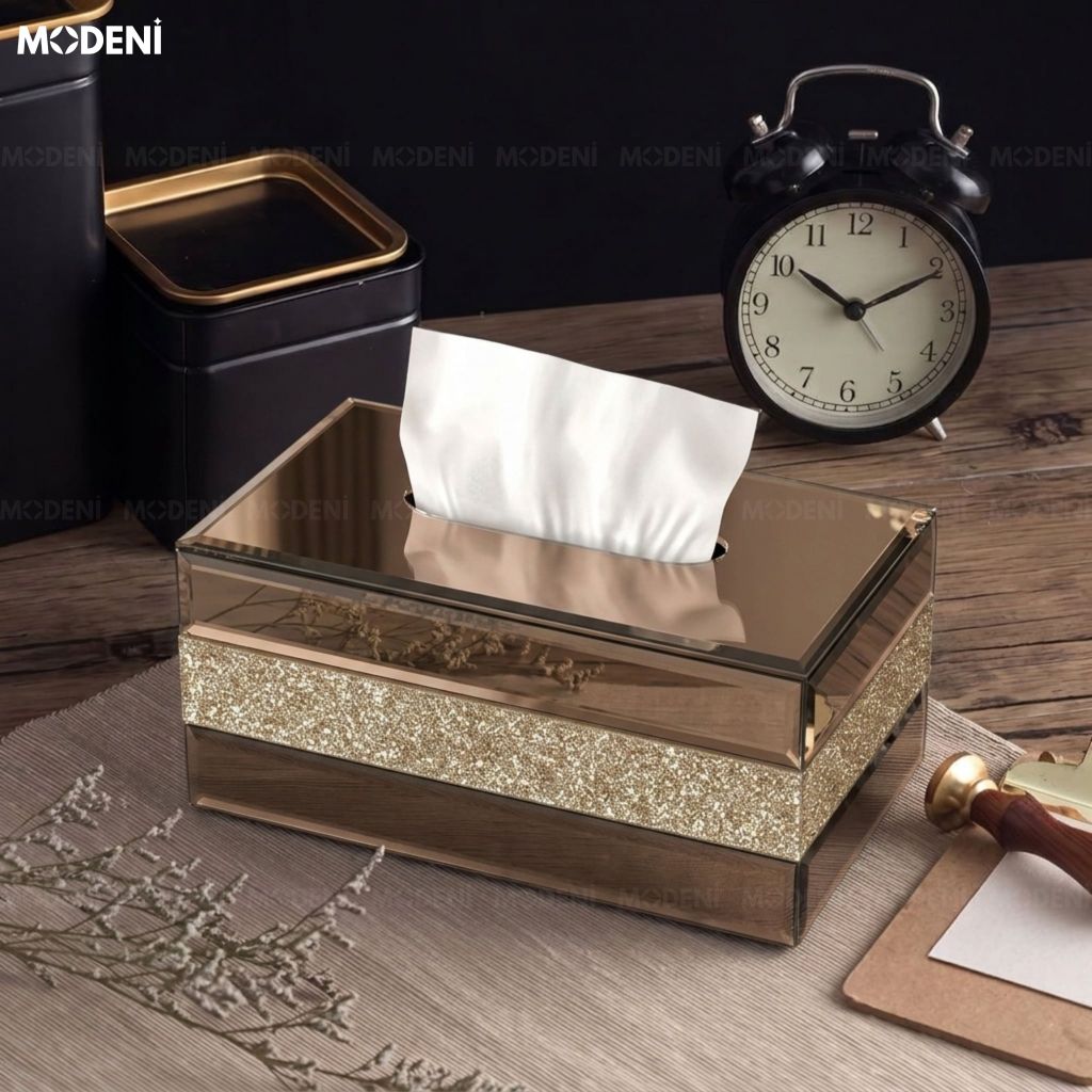 Hộp Khăn Giấy Saphir Gương Thủy Tinh Cao Cấp Nhũ Pha Lê Modern Glam Luxury Chic Cho Phòng Khách Và Phòng Ngủ