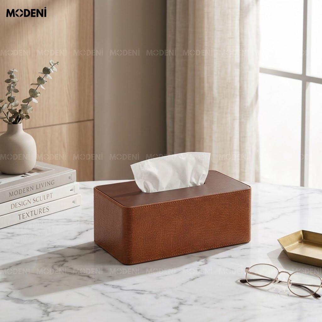 Hộp Khăn Giấy Valiso Da Phối Quai Nâu Dáng Rương Cổ Điển Màu Trắng Giữ Form Cứng Cáp Cho Bàn Trà Phòng Khách