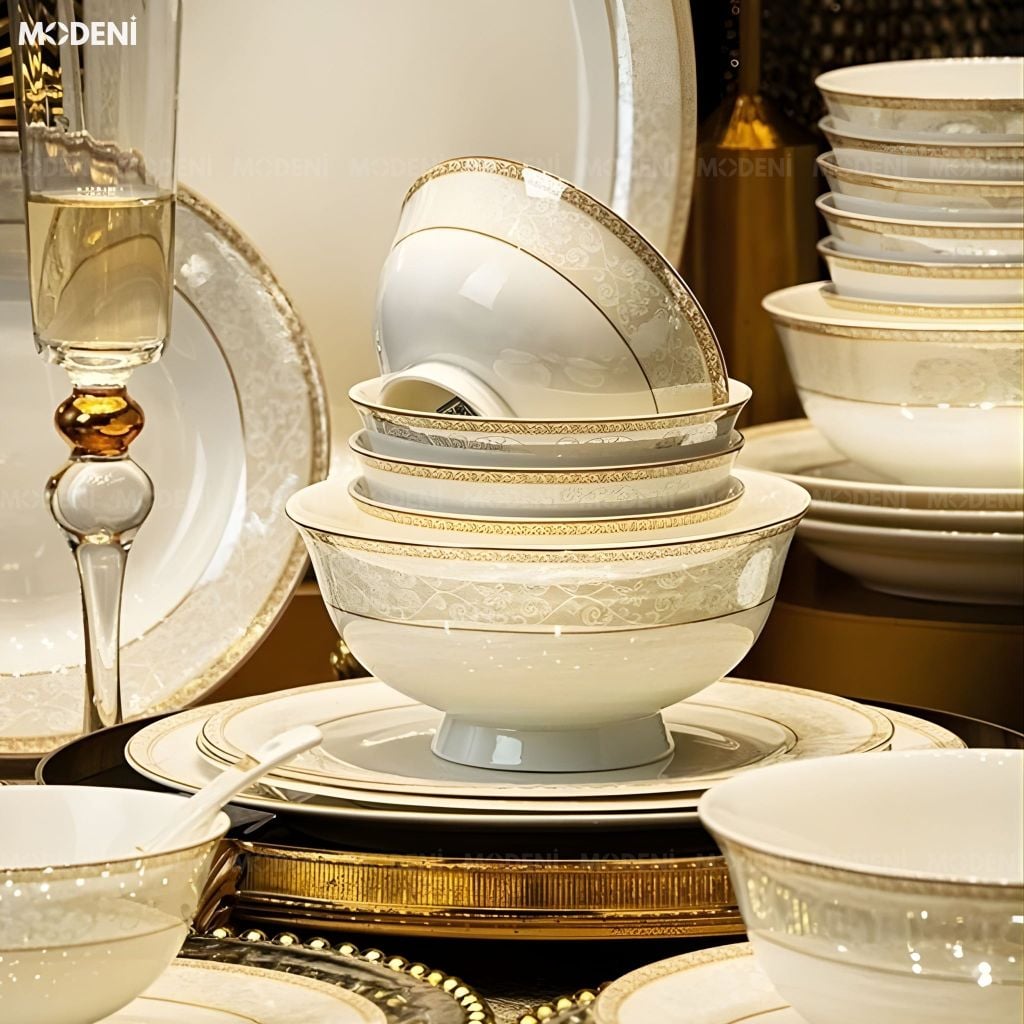 Bộ Chén Đĩa Sứ Xương Elara Cao Cấp – Viền Vàng Ngọc Trai Tinh Xảo, Mang Đậm Khí Chất Hoàng Gia Cho Bàn Tiệc Sang Trọng