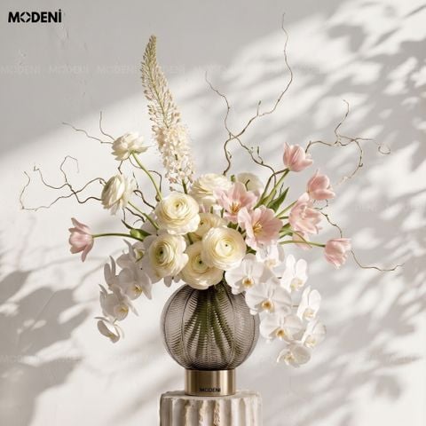  Bình Hoa Orbly Kim Loại Phối Bóng Thủy Tinh Xám Khói Phong Cách Minimalism 