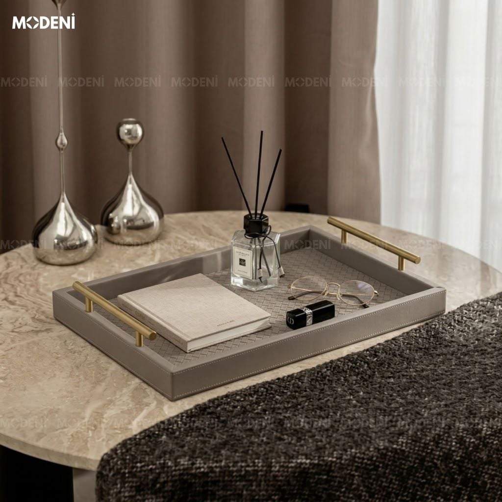 Khay Trang Trí Maroni Xám Bọc Da PU Cao Cấp Tay Cầm Mạ Vàng Sang Trọng Cho Bàn Sofa