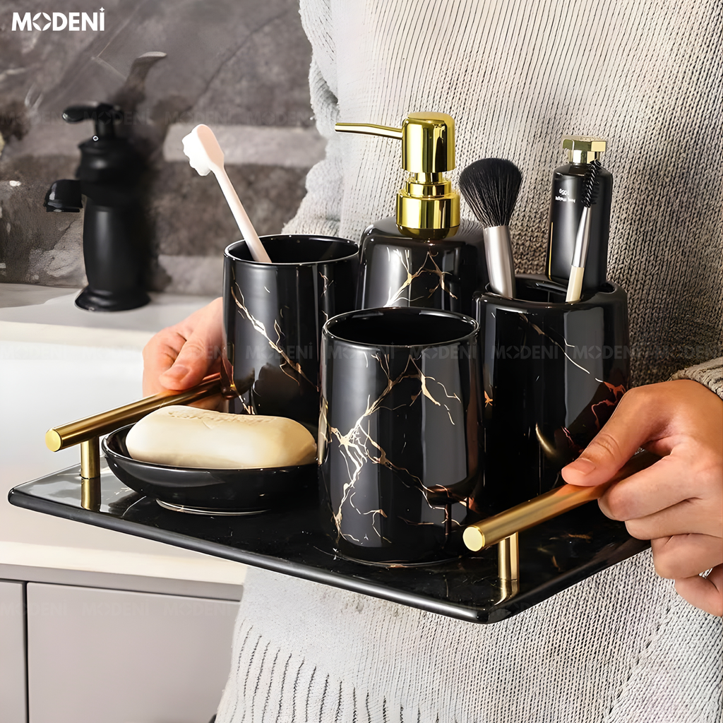 Set Đồ Dùng Nhà Tắm Stella Marquina Gốm Sứ Phối Thủy Tinh Họa Tiết Vàng Cẩm Thạch Phòng Tắm – Bàn Lavabo Sang Trọng