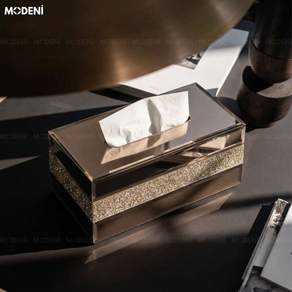 Hộp Khăn Giấy Saphir Gương Thủy Tinh Cao Cấp Nhũ Pha Lê Modern Glam Luxury Chic Cho Phòng Khách Và Phòng Ngủ