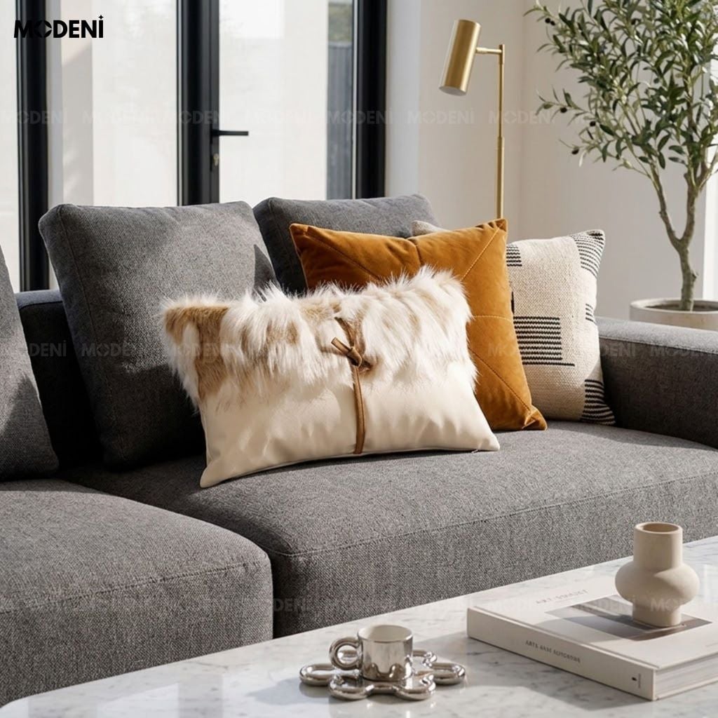 Vỏ Gối Sofa Fursy Da PU Phối Lông Nhân Tạo Phong Cách Bắc Âu Thiết Kế Thắt Nơ Da Điệu Đà Cho Phòng Khách Ấm Áp