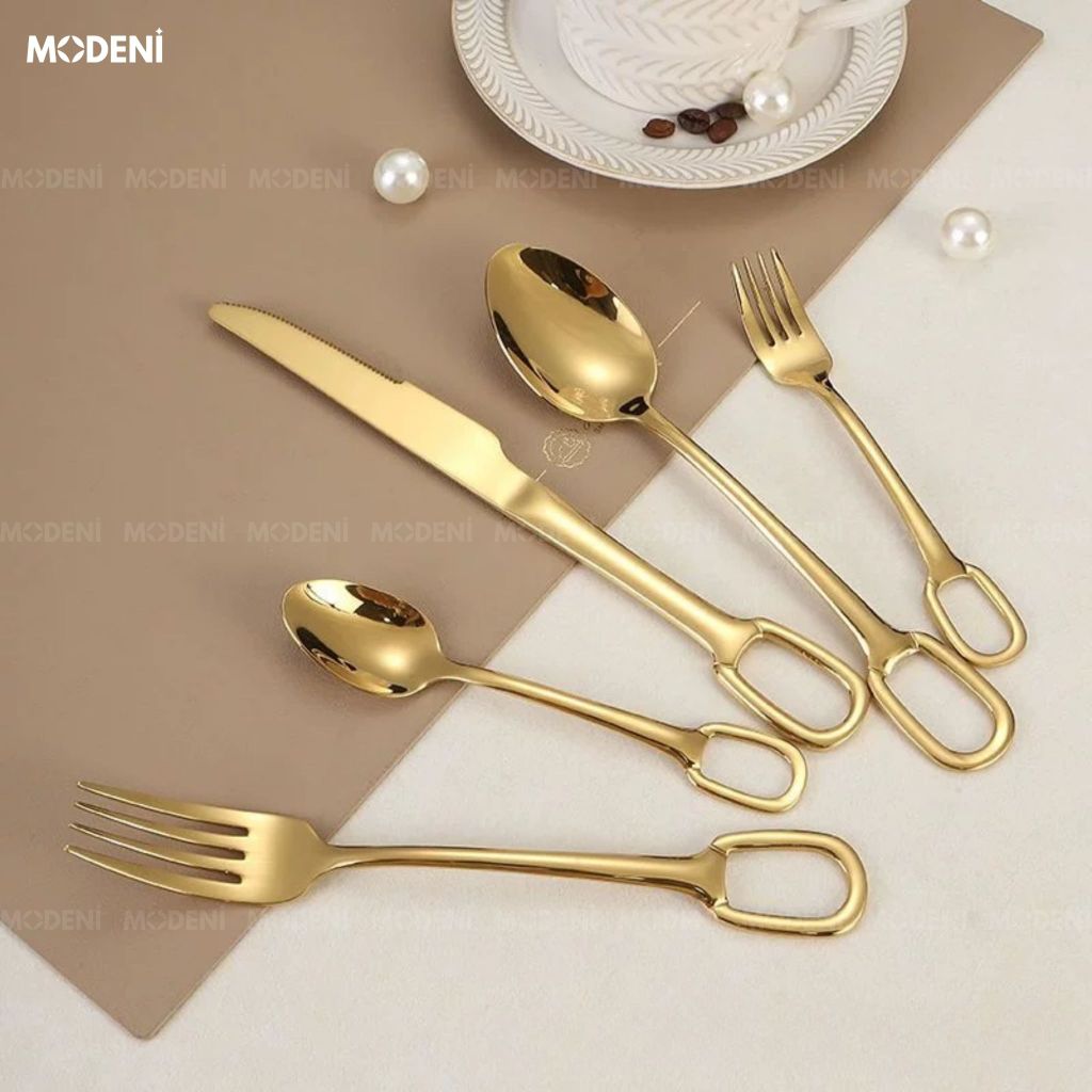 Bộ Dao Muỗng Nĩa Anillo Gold Inox 304 Nguyên Khối Hiện Đại Thẩm Mỹ Châu Âu Làm Quà Tặng Tân Gia