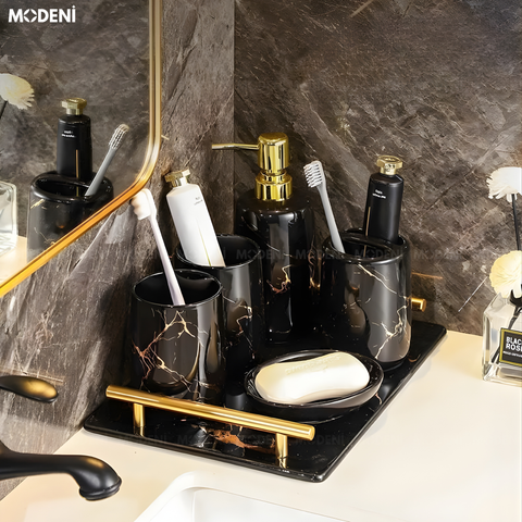  Set Đồ Dùng Nhà Tắm Stella Marquina Gốm Sứ Phối Thủy Tinh Họa Tiết Vàng Cẩm Thạch Phòng Tắm – Bàn Lavabo Sang Trọng 