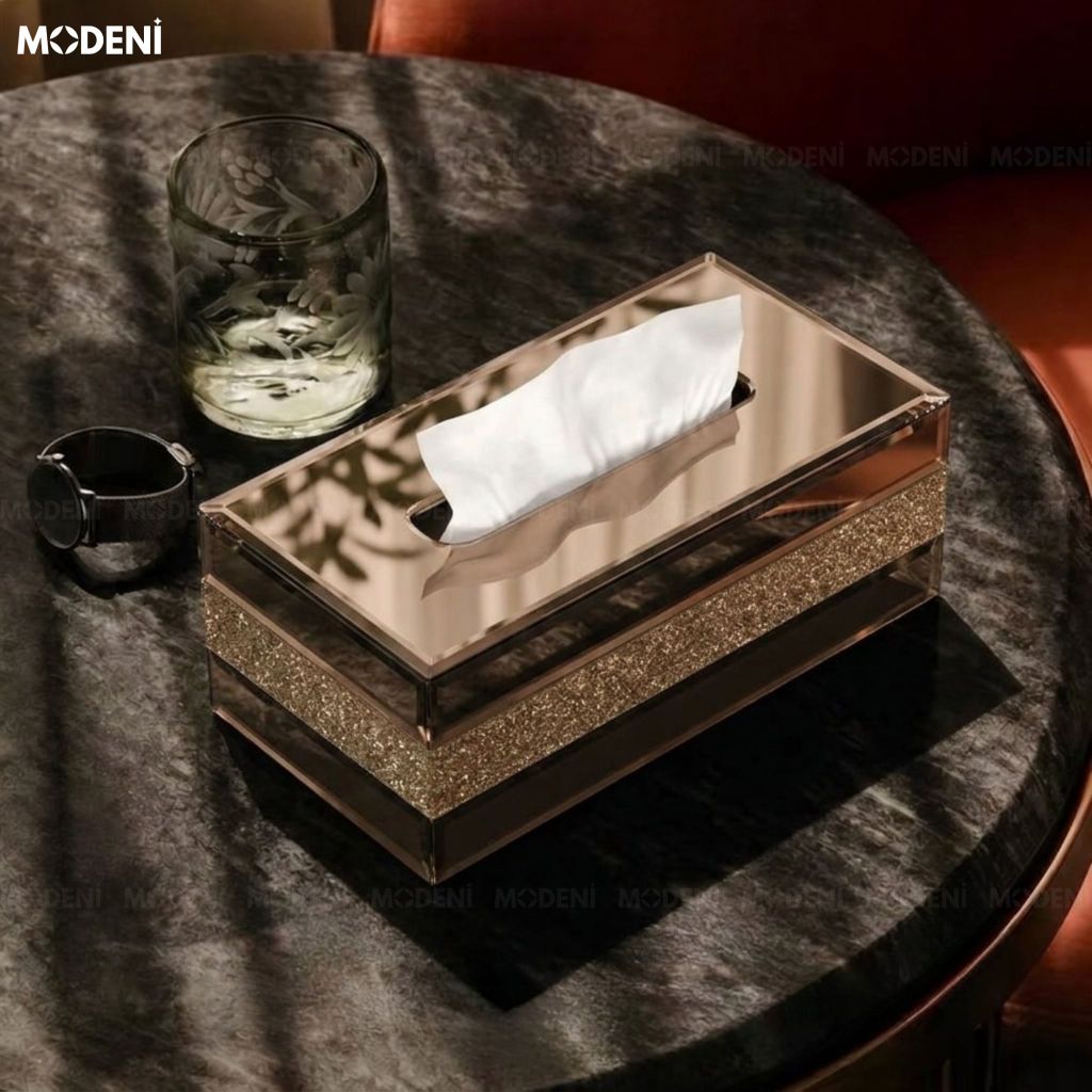 Hộp Khăn Giấy Saphir Gương Thủy Tinh Cao Cấp Nhũ Pha Lê Modern Glam Luxury Chic Cho Phòng Khách Và Phòng Ngủ
